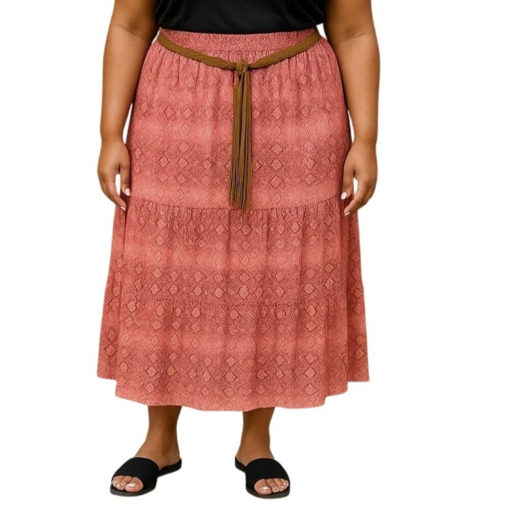 Faded Glory Skirt Size XXL Pink Patterned Half Lined Elastic Waist Belted